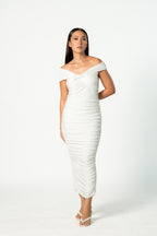 White Maternity Bardot Knot Ruched Midi