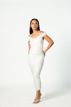 White Maternity Bardot Knot Ruched Midi