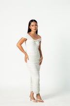 White Maternity Bardot Knot Ruched Midi