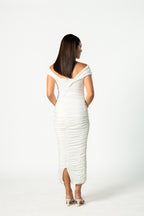 White Maternity Bardot Knot Ruched Midi