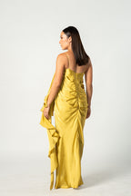 Yellow Satin Ruffle Gown