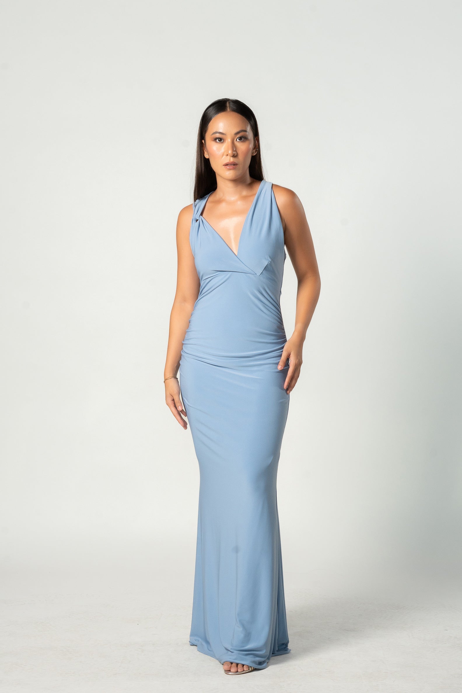 Blue Halter Asymmetric Maxi Dress