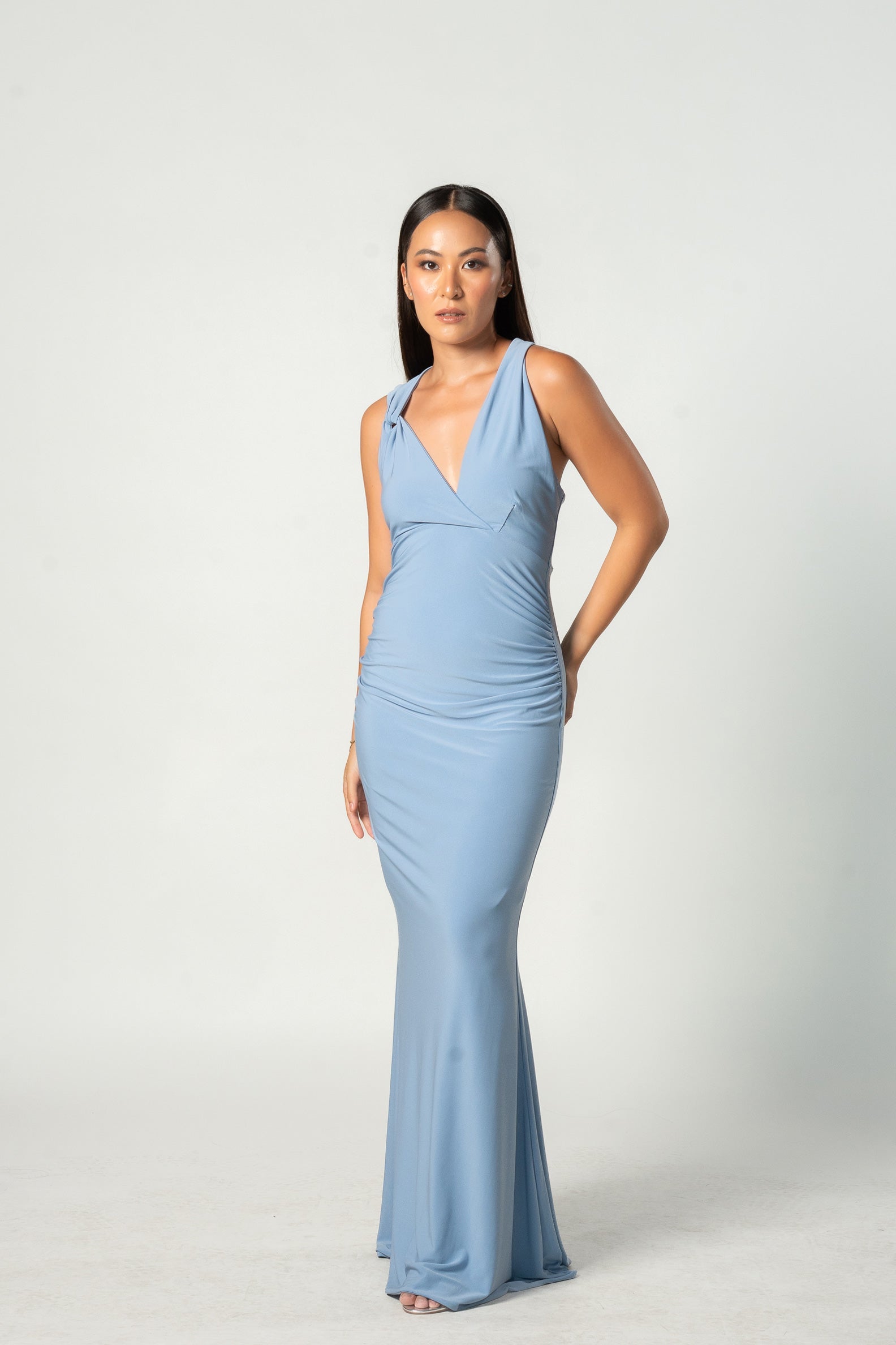 Blue Halter Asymmetric Maxi Dress