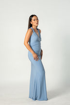 Blue Halter Asymmetric Maxi Dress