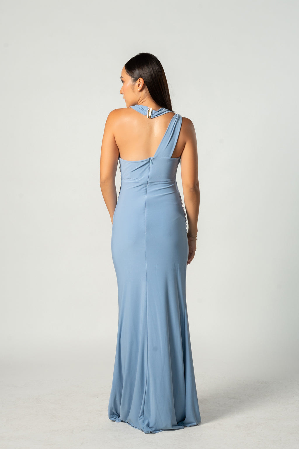 Blue Halter Asymmetric Maxi Dress