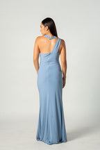 Blue Halter Asymmetric Maxi Dress