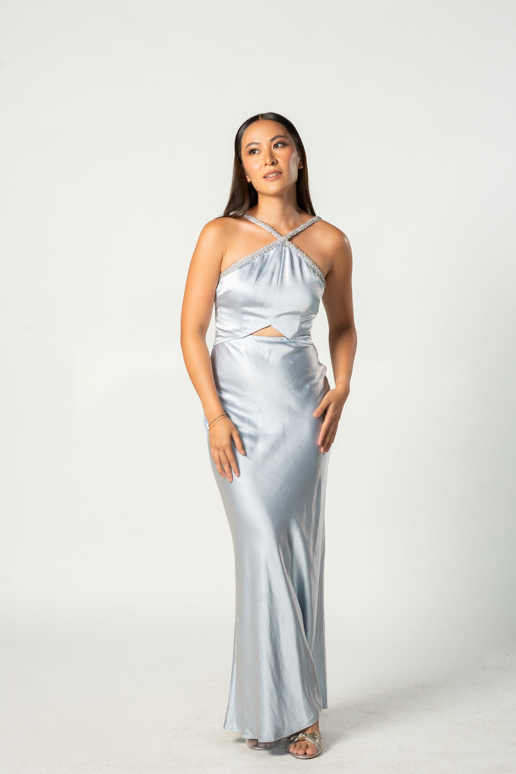 Blue Satin Diamanté Maxi Dress