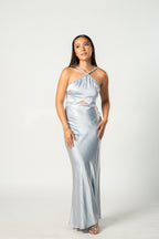 Blue Satin Diamanté Maxi Dress