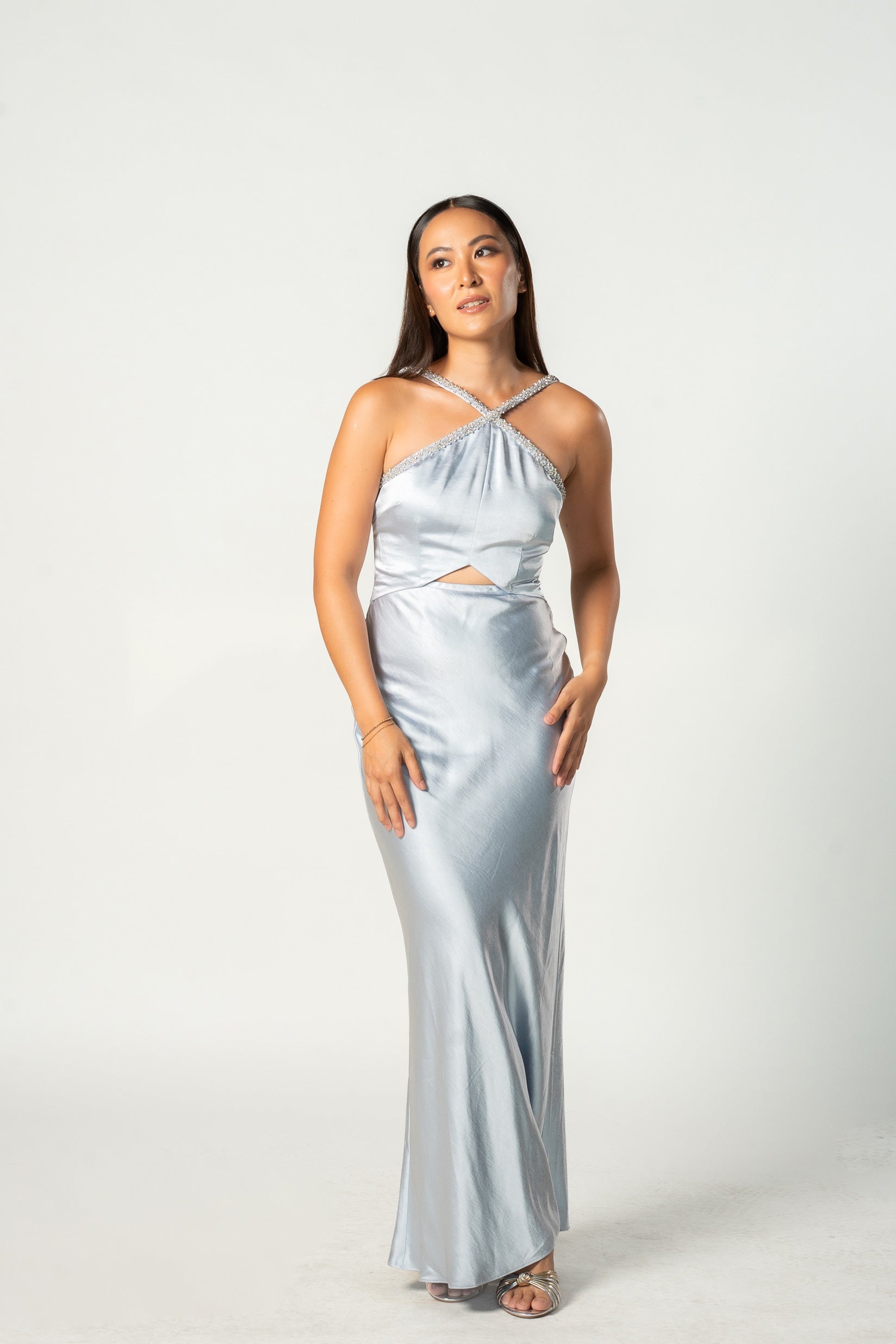 Blue Satin Diamanté Maxi Dress