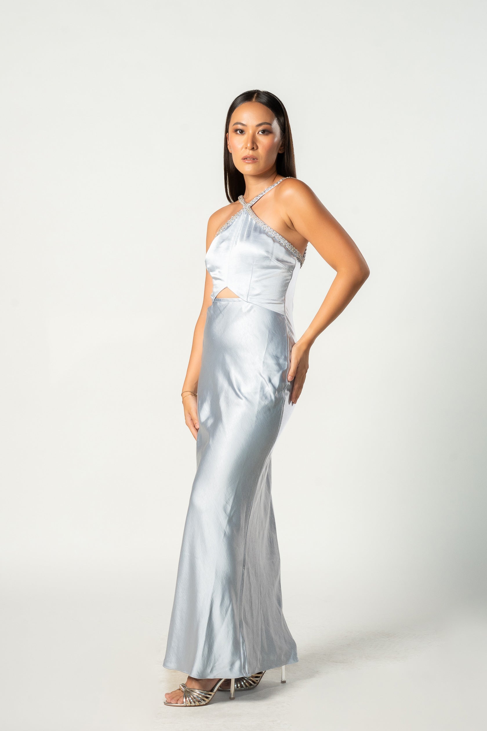 Blue Satin Diamanté Maxi Dress