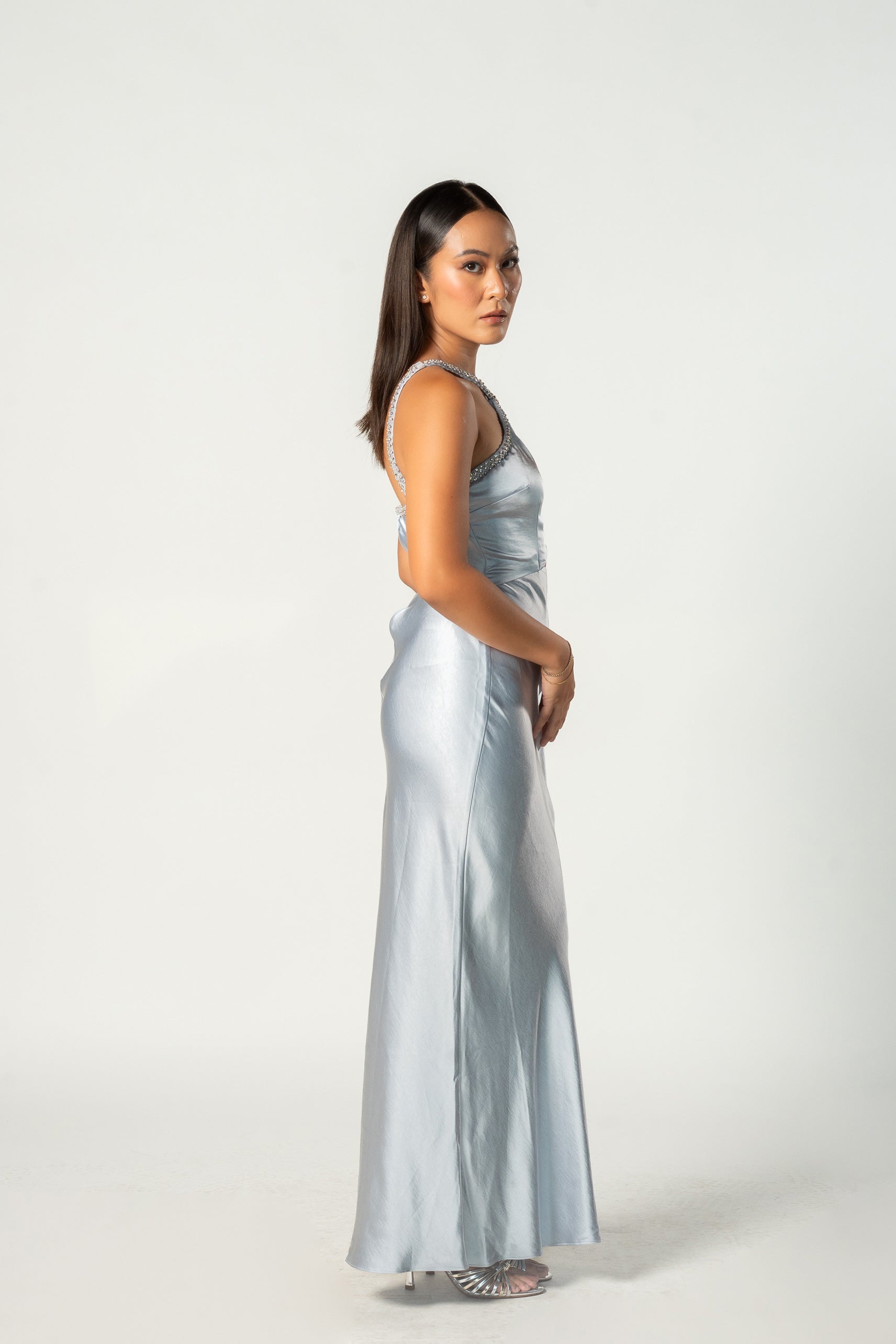 Blue Satin Diamanté Maxi Dress