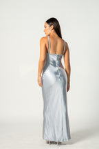 Blue Satin Diamanté Maxi Dress