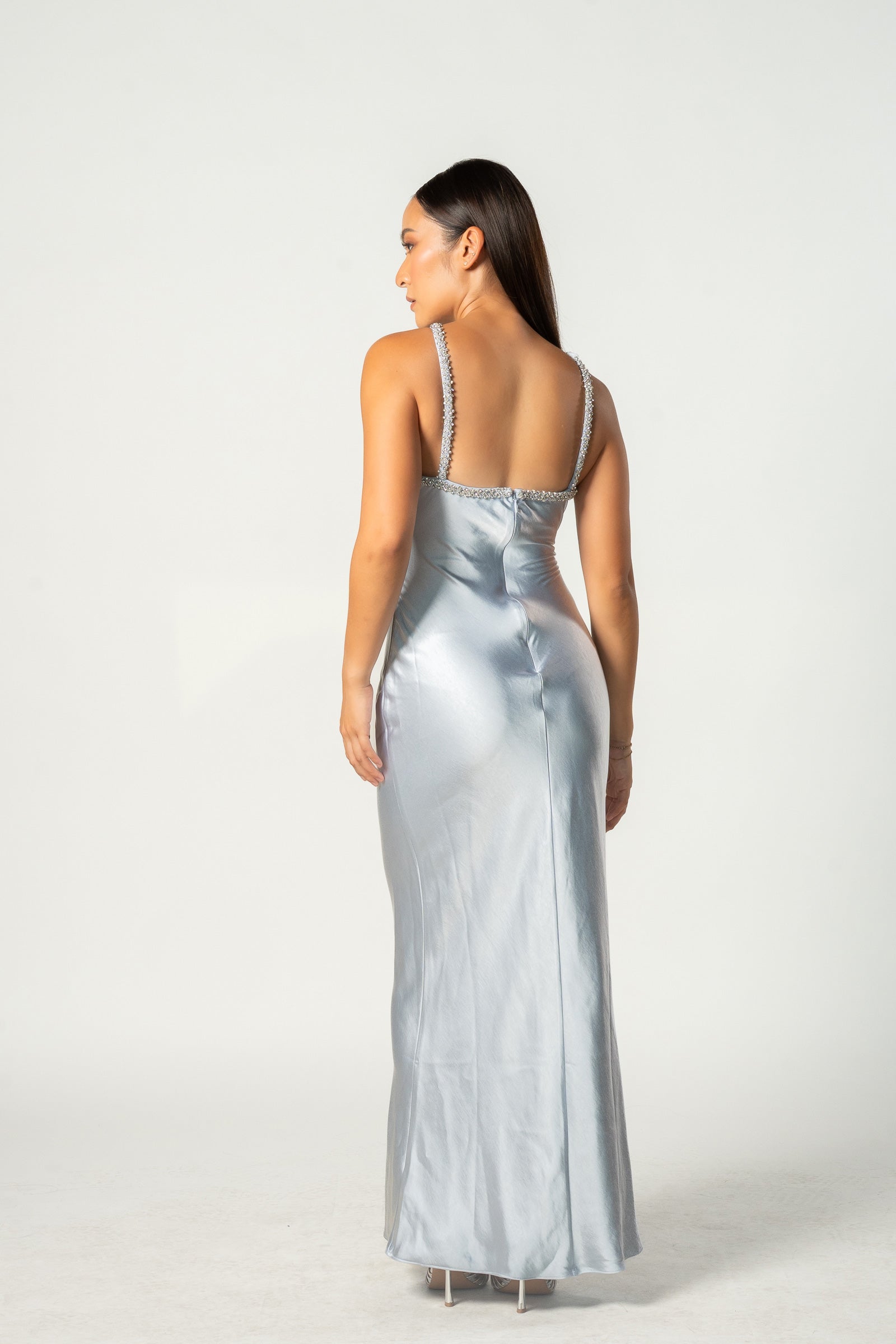 Blue Satin Diamanté Maxi Dress