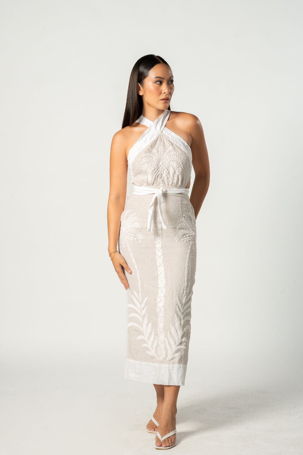 Beige and White Floral Halter Dress