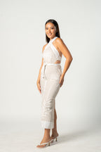 Beige and White Floral Halter Dress