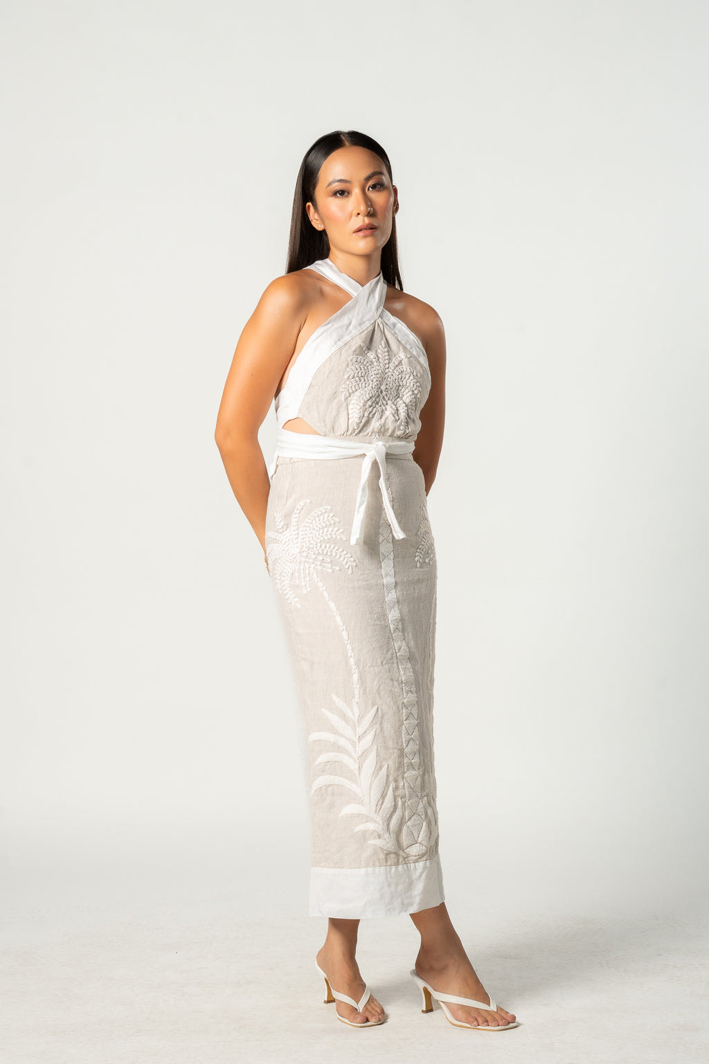 Beige and White Floral Halter Dress