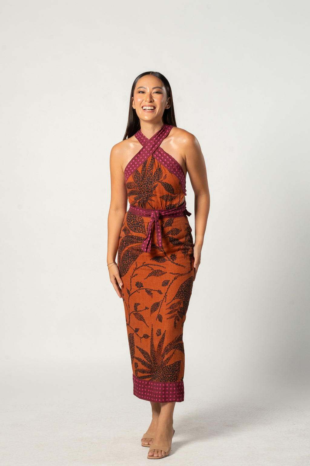 Fuschia and Orange Floral Halter Dress