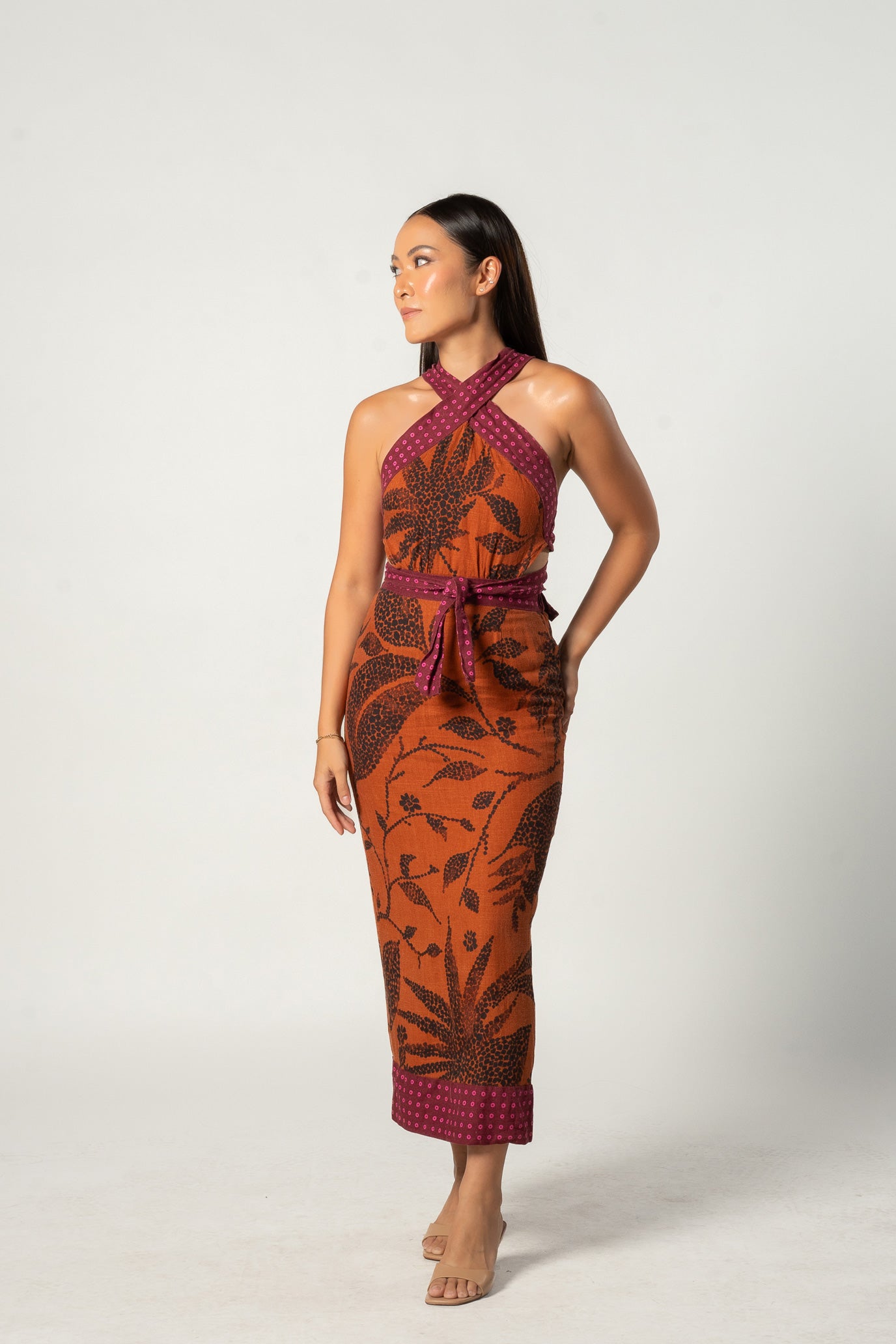 Fuschia and Orange Floral Halter Dress