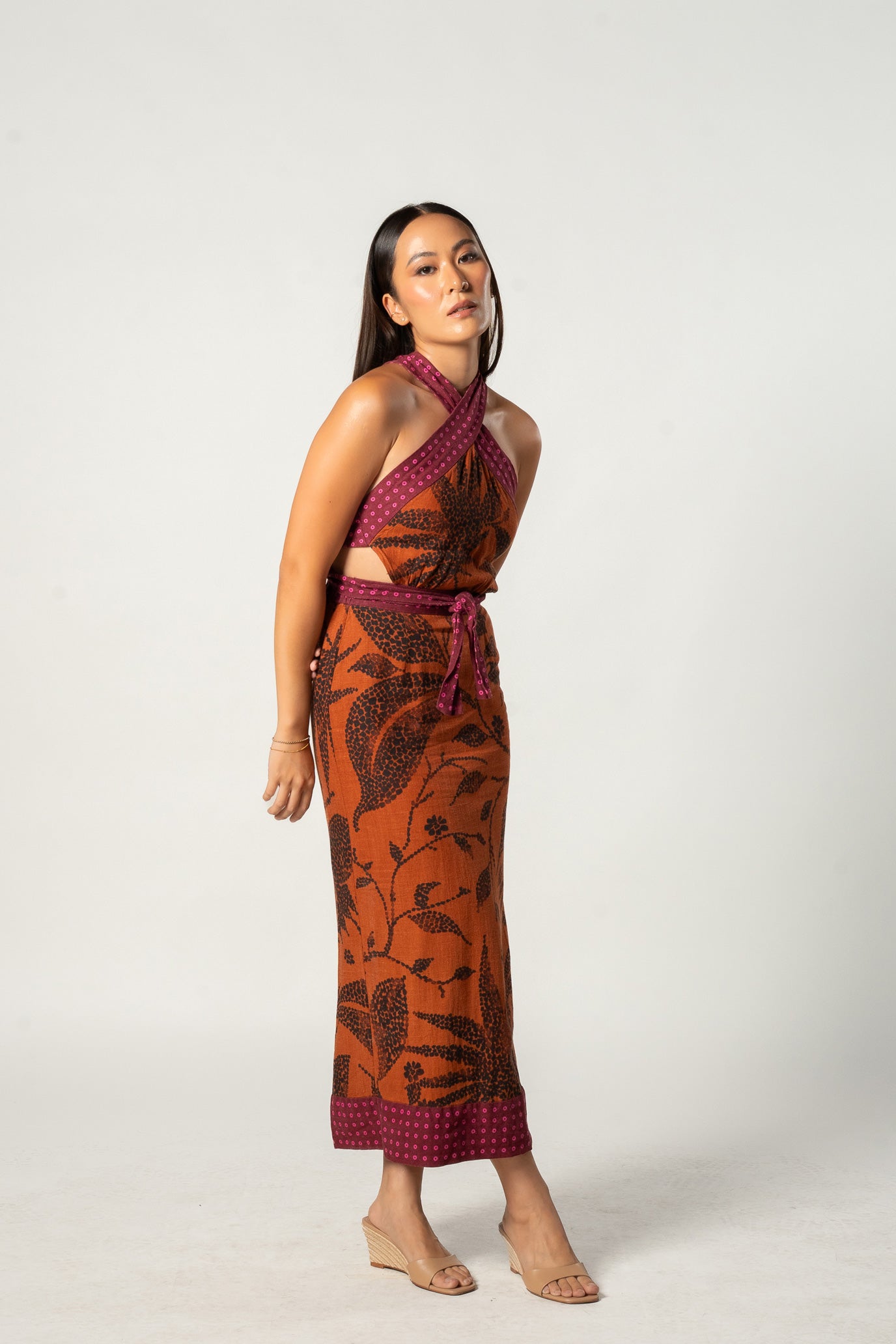 Fuschia and Orange Floral Halter Dress