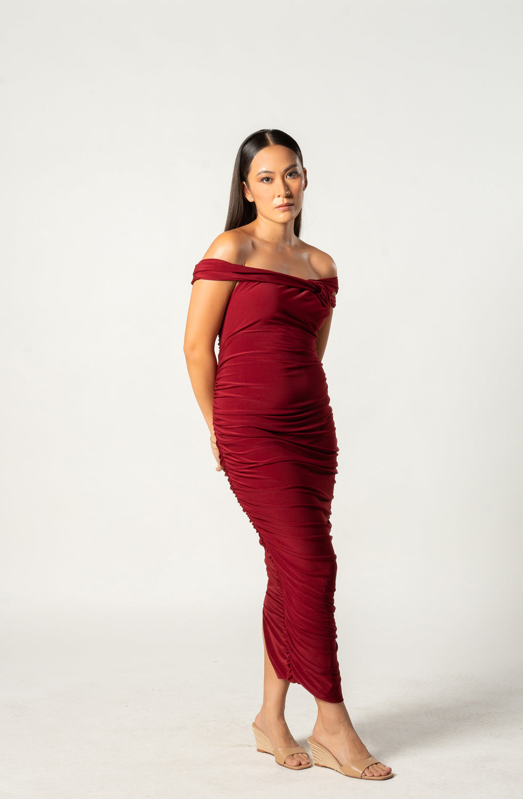 Berry Strappy Asymmetric Maternity Midi Dress