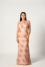 Peach Beaded Halter Gown