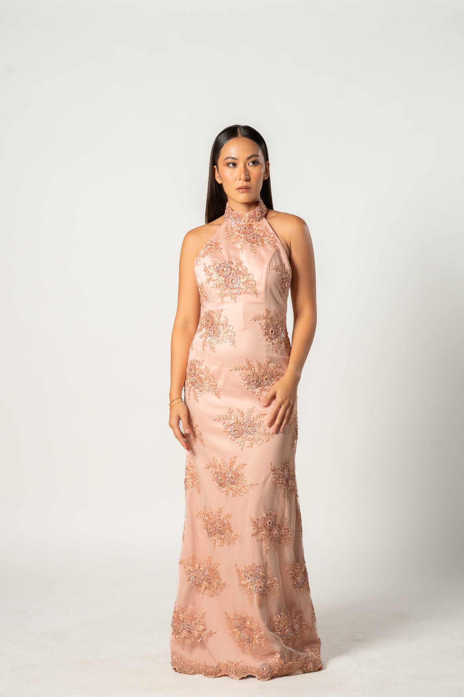 Peach Beaded Halter Gown