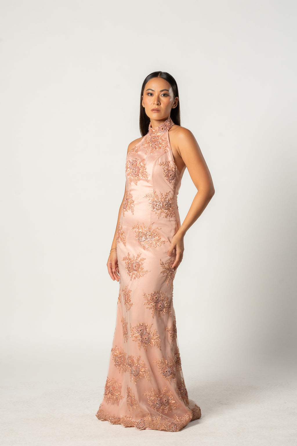 Peach Beaded Halter Gown
