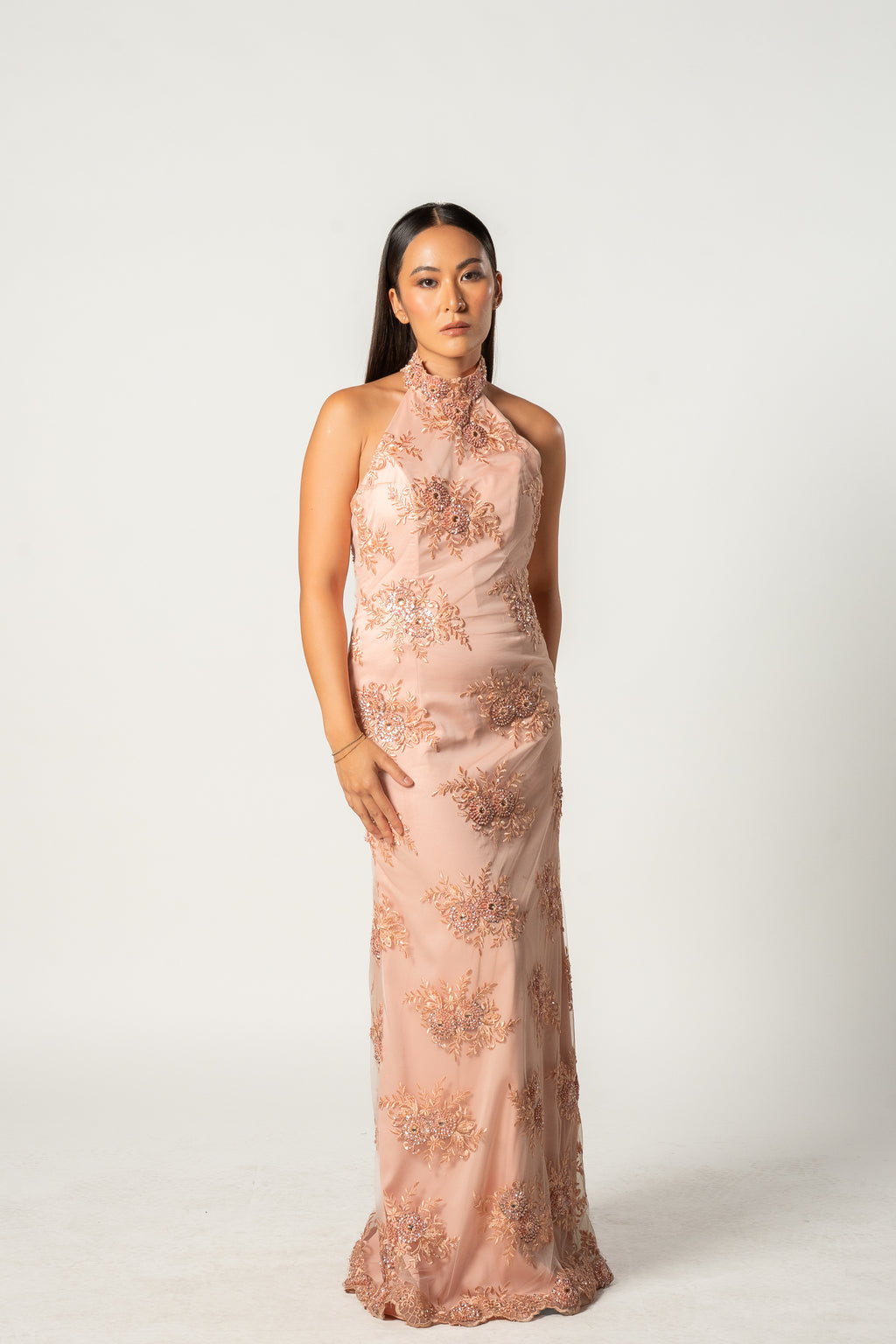 Peach Beaded Halter Gown