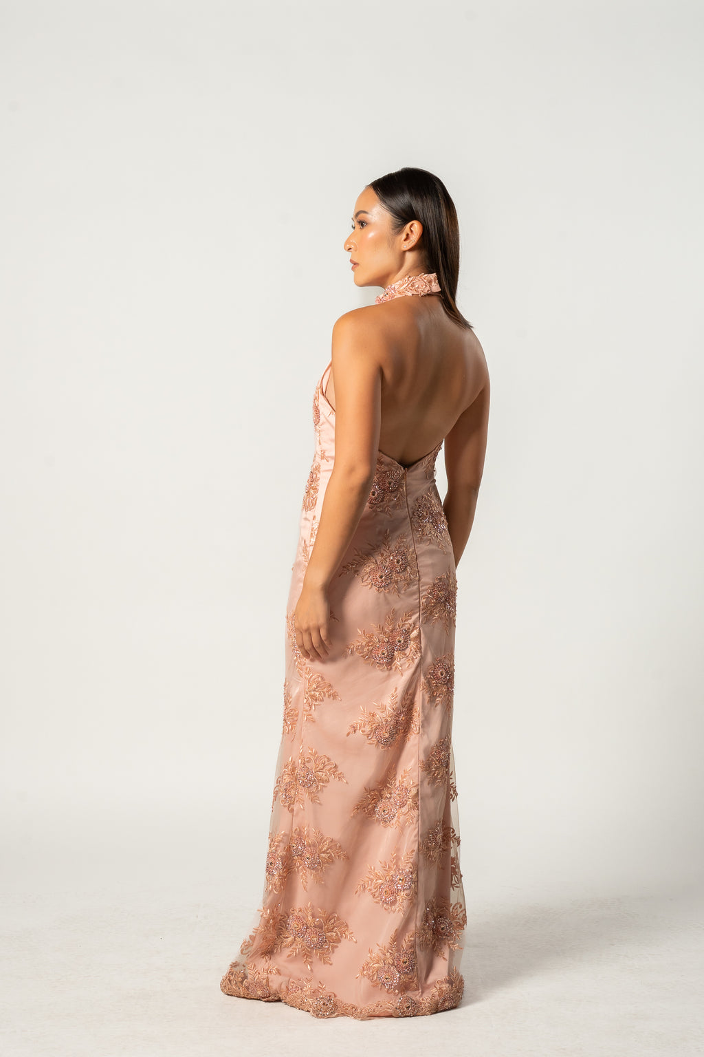 Peach Beaded Halter Gown