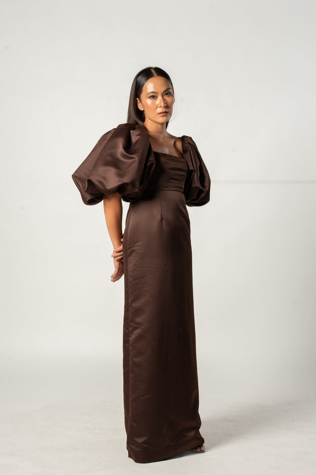 Brown Puff Sleeved Gown