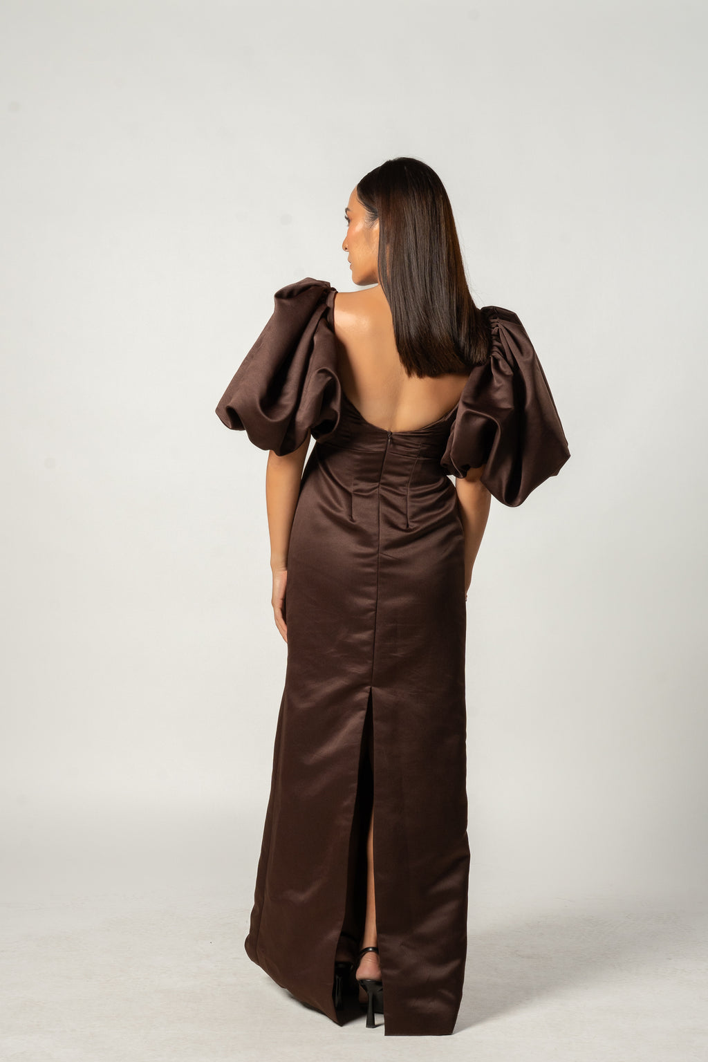 Brown Puff Sleeved Gown