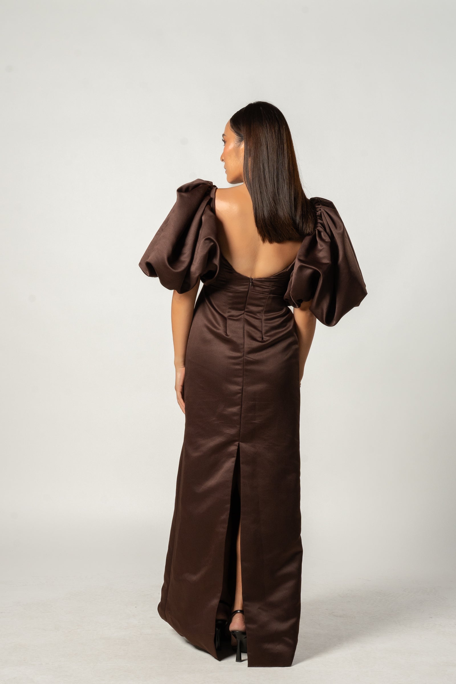 Brown Puff Sleeved Gown