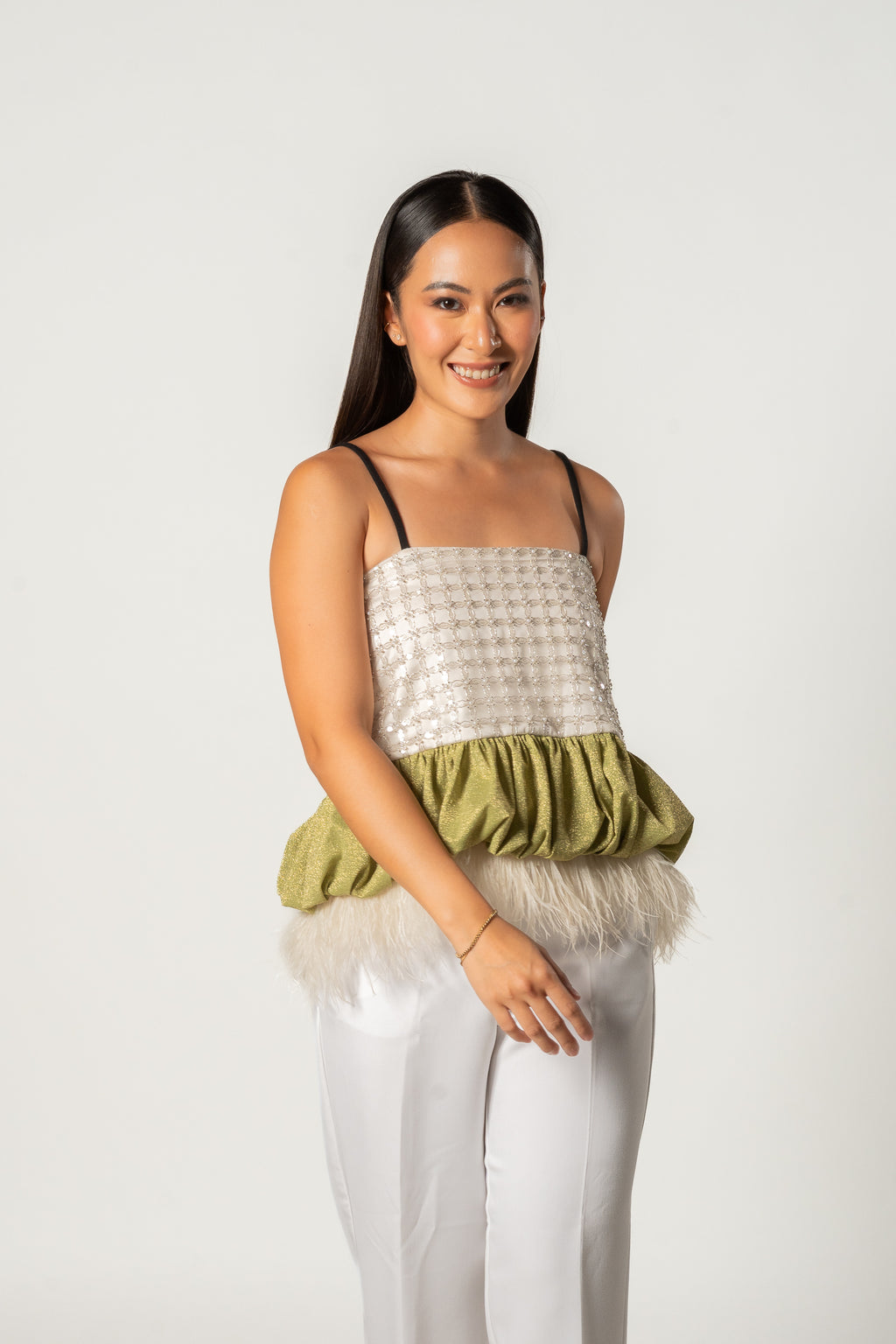 White and Green Feather Top