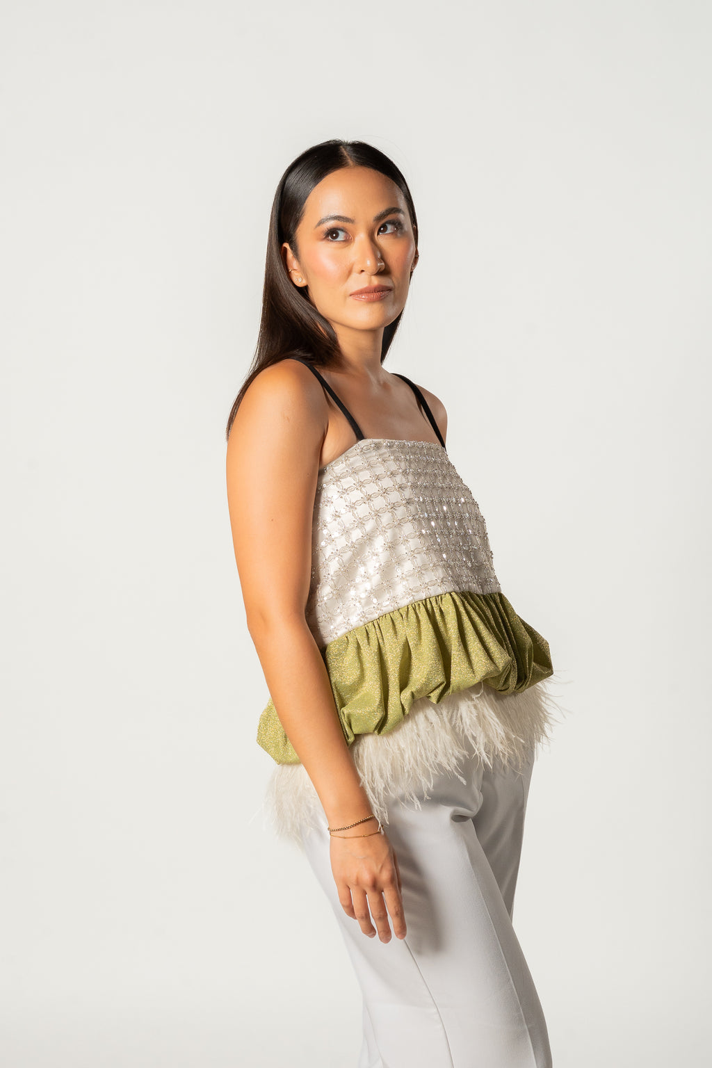 White and Green Feather Top