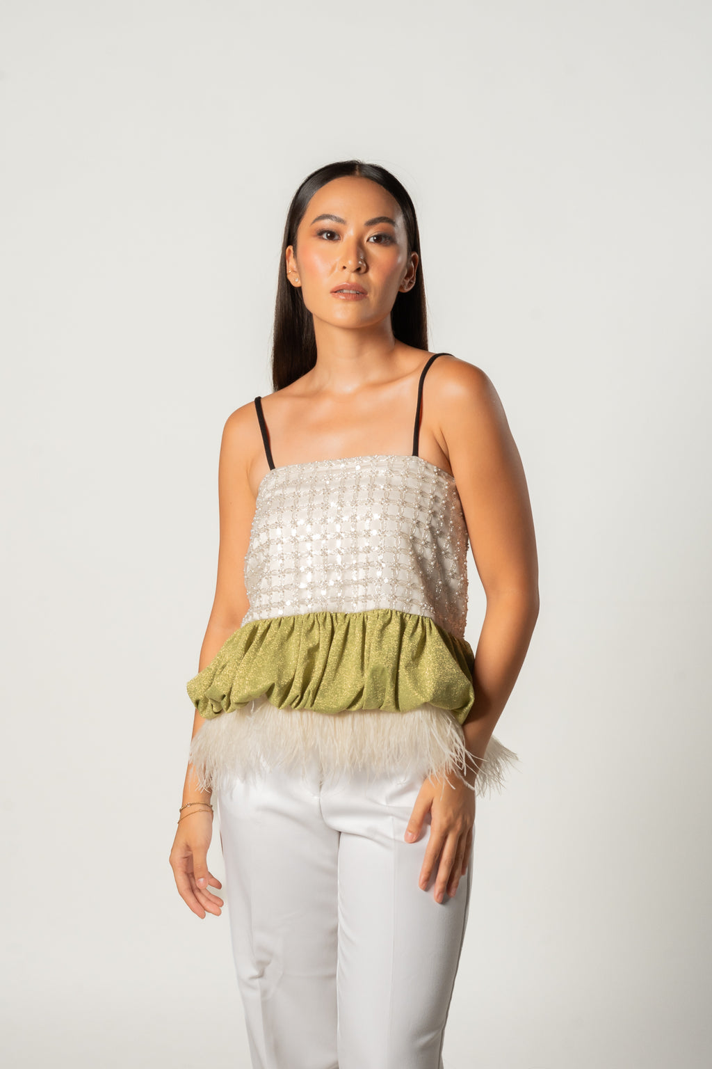 White and Green Feather Top