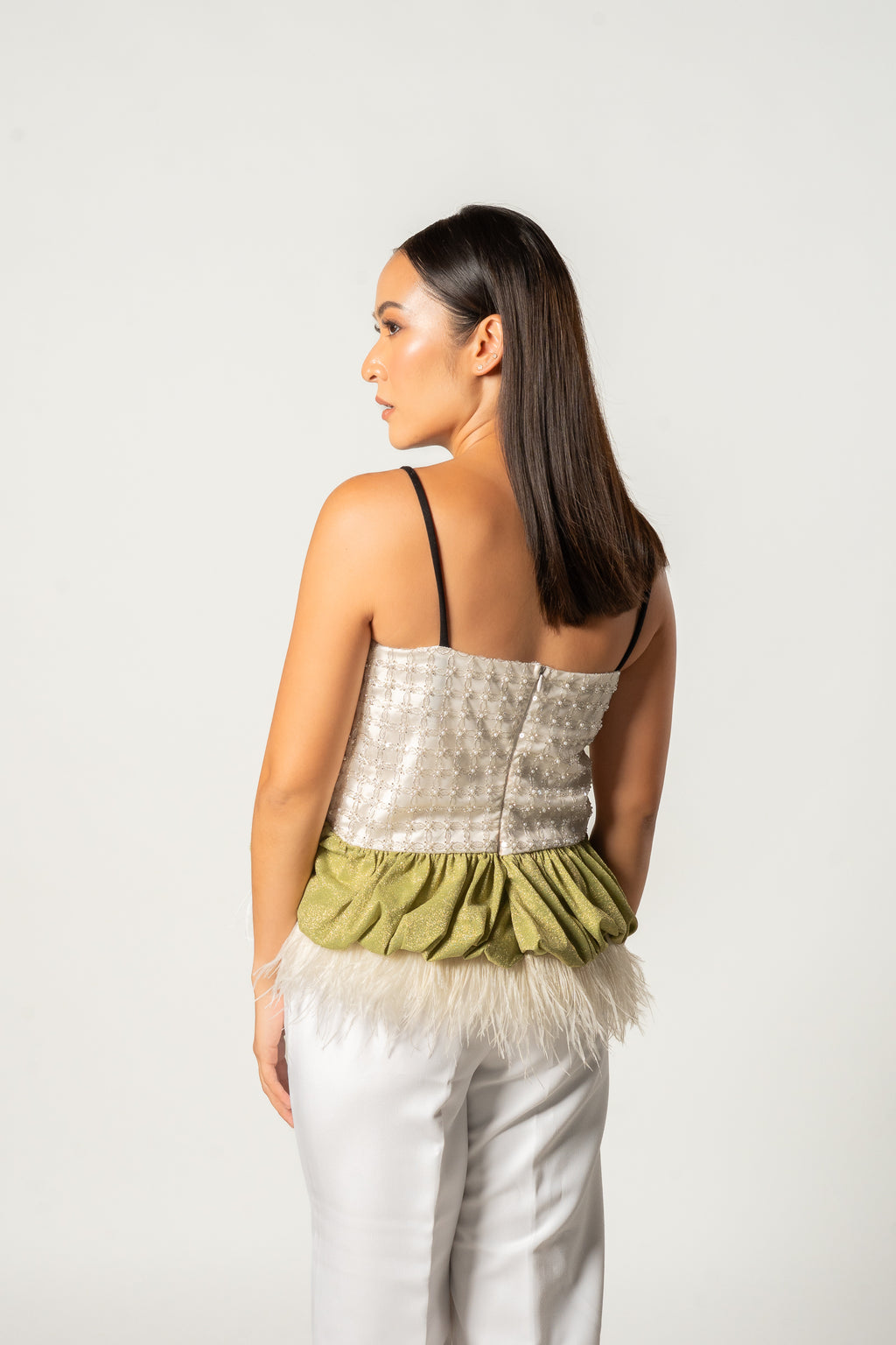 White and Green Feather Top