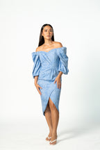 Puff Off Shoulder Blue Floral Dress