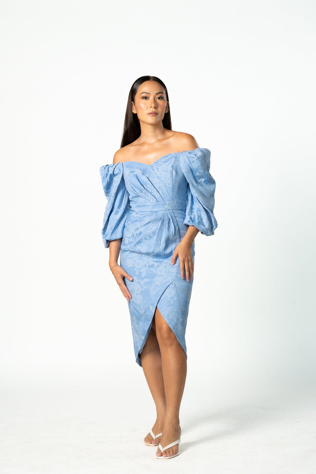 Puff Off Shoulder Blue Floral Dress