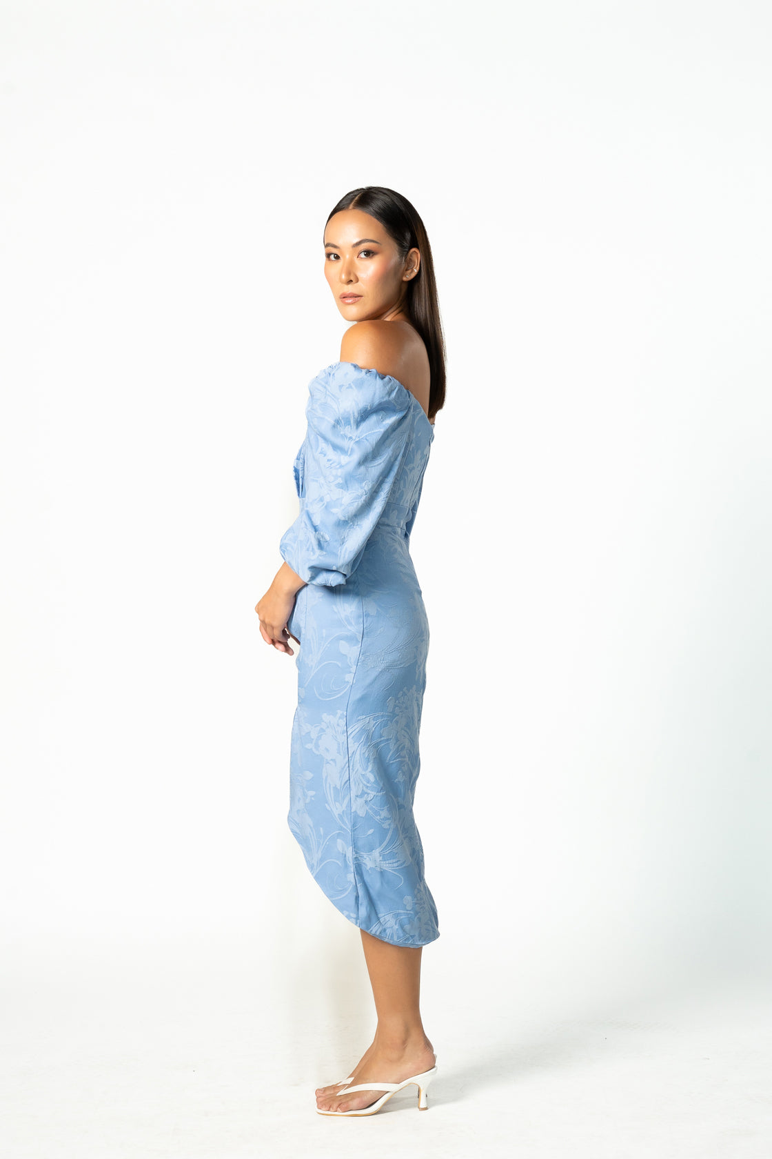 Puff Off Shoulder Blue Floral Dress