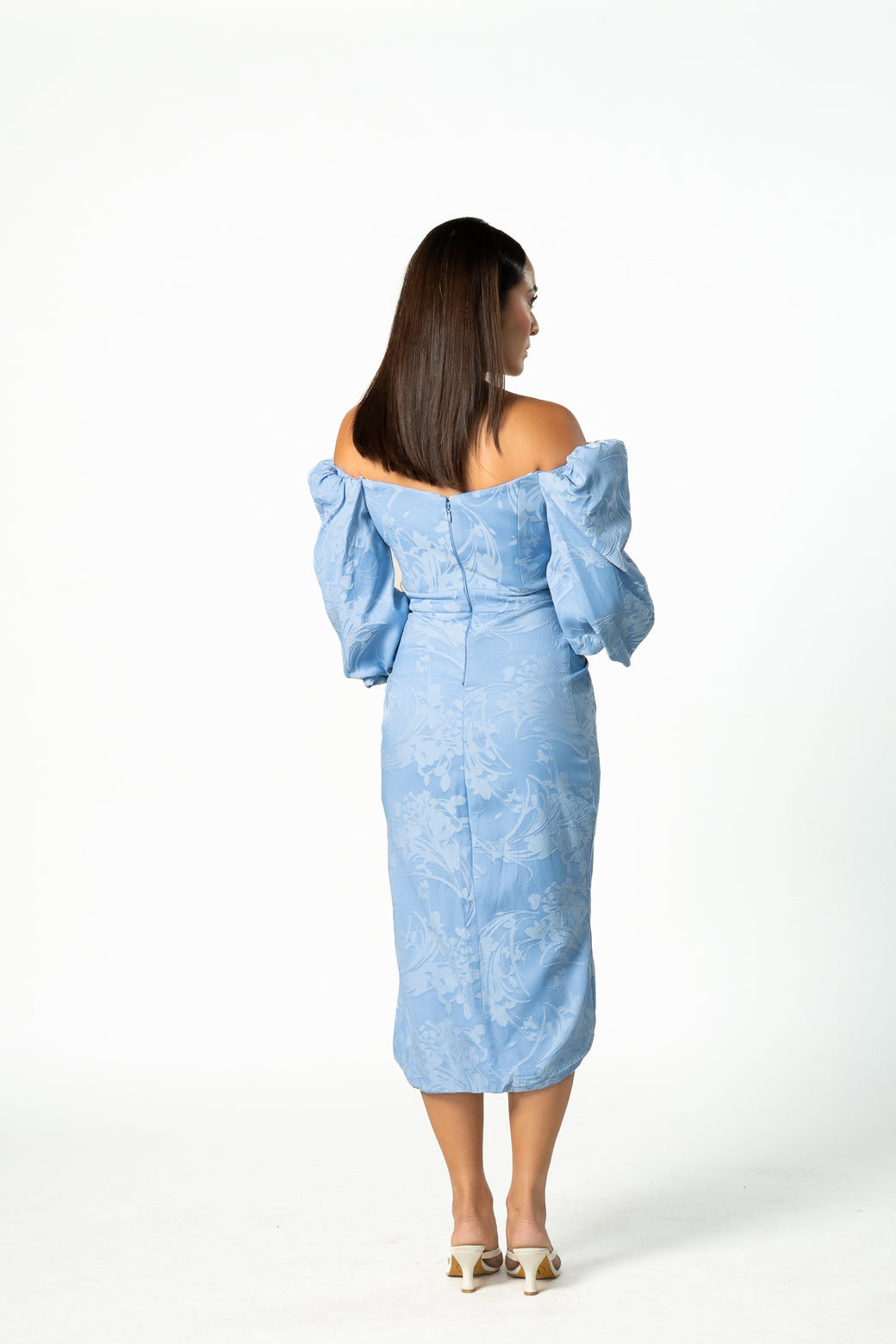 Puff Off Shoulder Blue Floral Dress