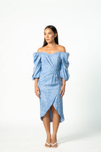 Puff Off Shoulder Blue Floral Dress