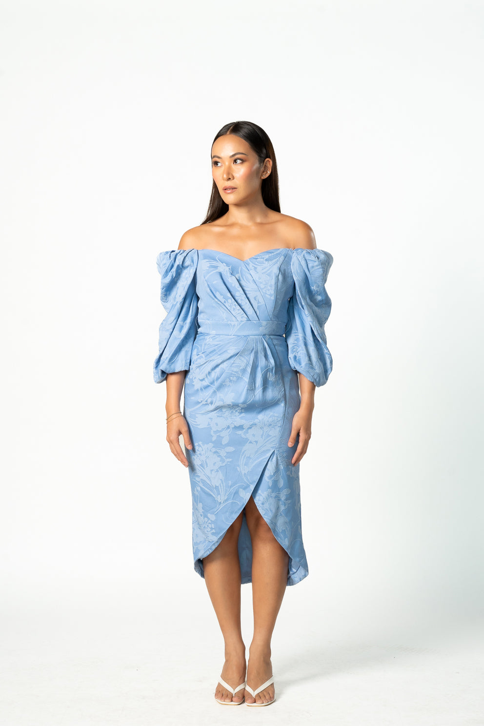 Puff Off Shoulder Blue Floral Dress