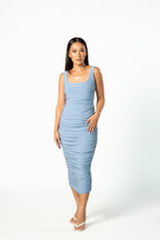 Blue Square Neck Ruched Midi Dress