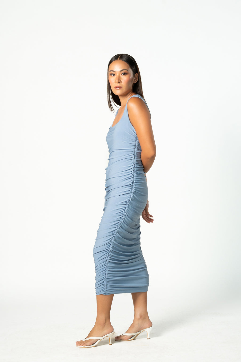 Blue Square Neck Ruched Midi Dress