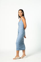 Blue Square Neck Ruched Midi Dress