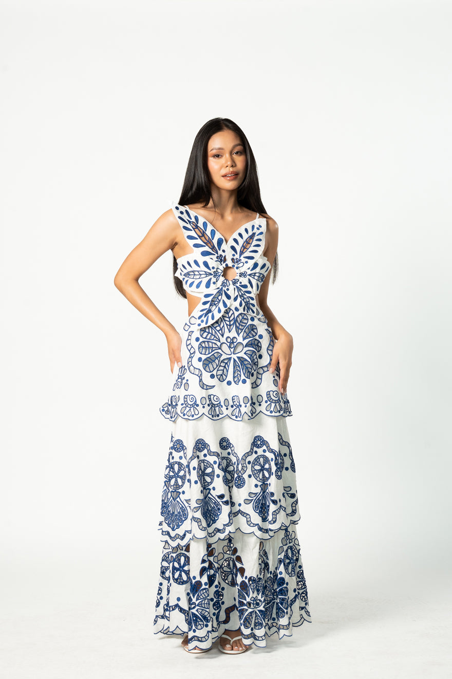 Embroidered Tiered Linen Maxi Dress