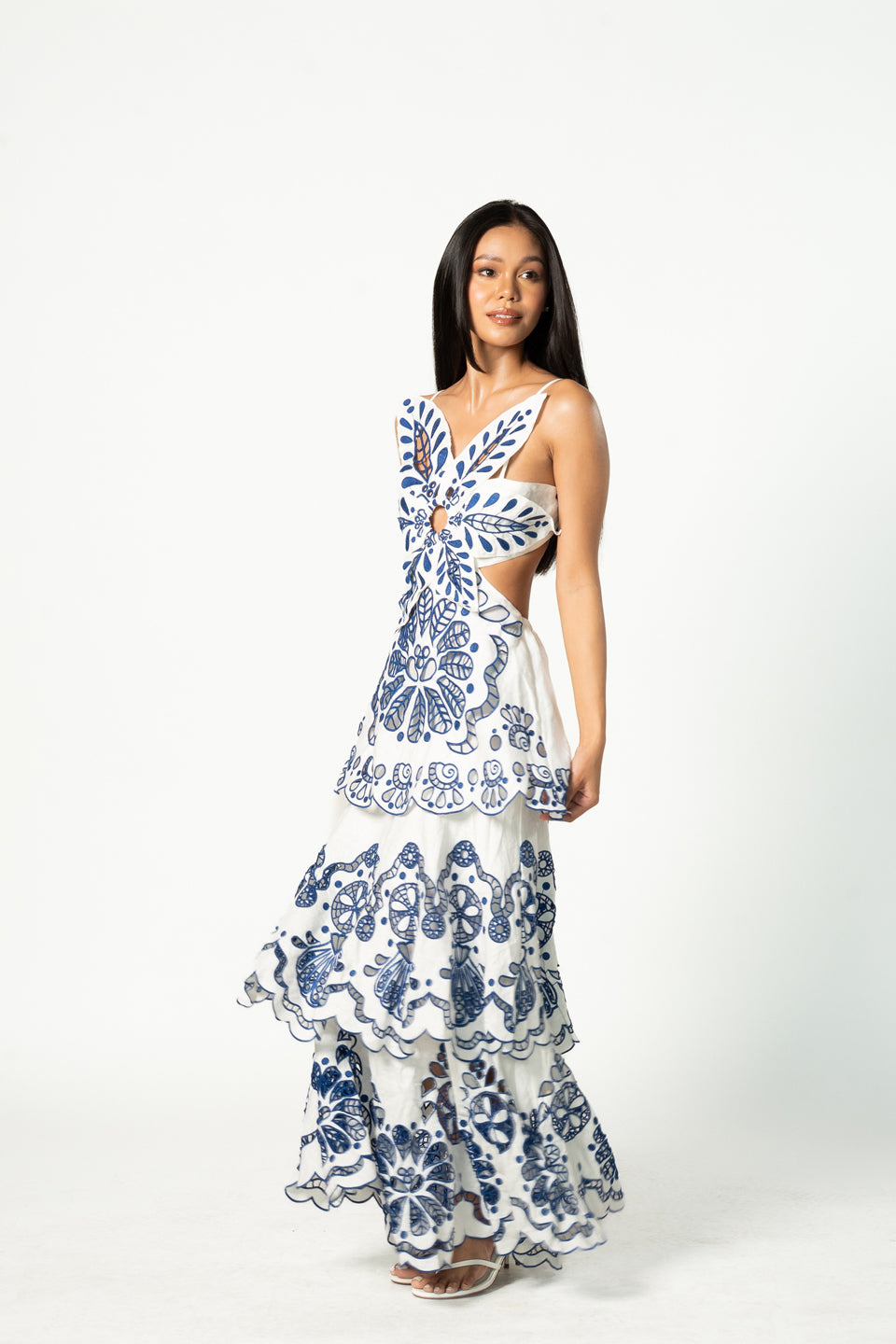 Embroidered Tiered Linen Maxi Dress