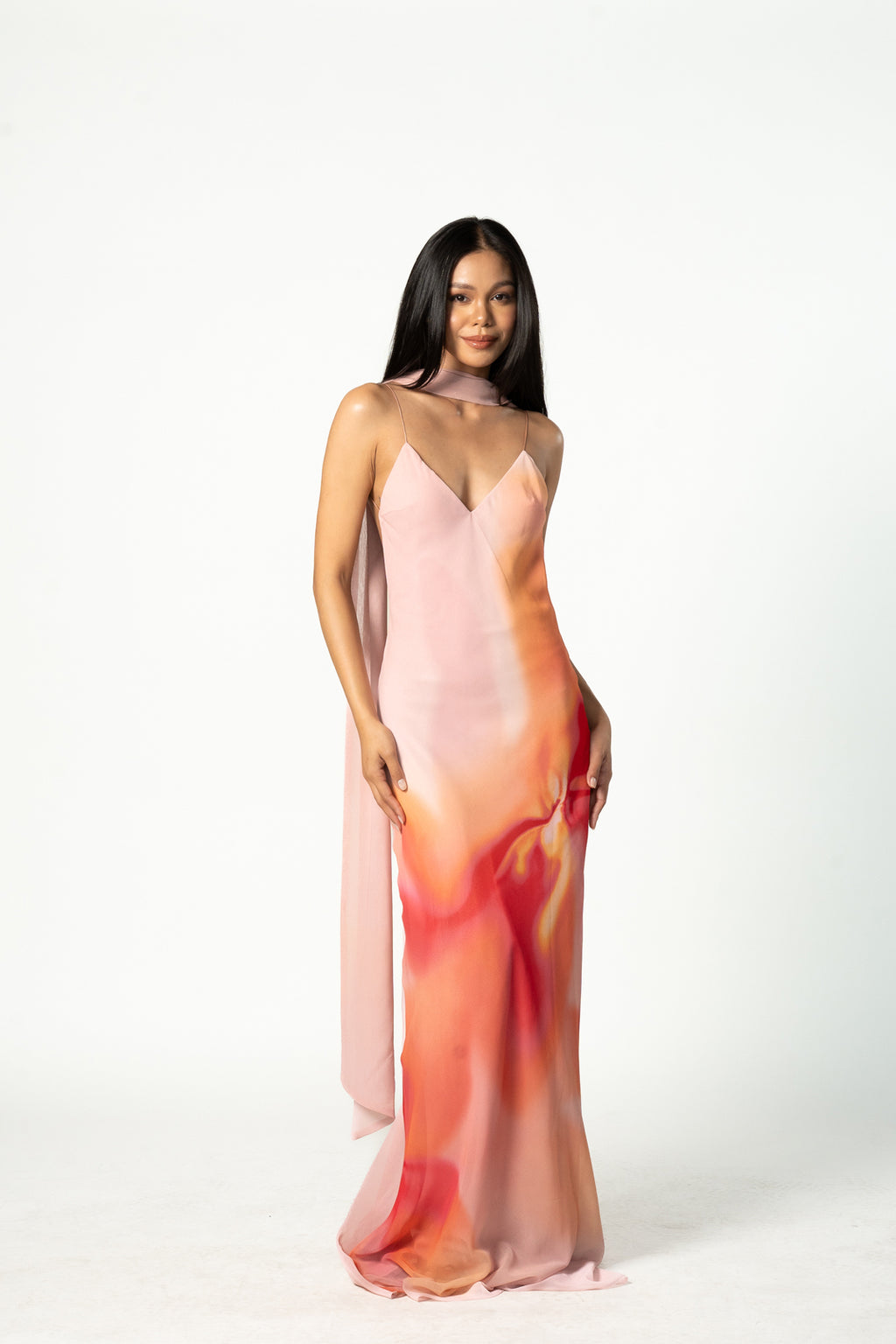 Long Printed Dress with Scarf