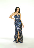 Navy Blue Formal Gown with Gold Floral Detail