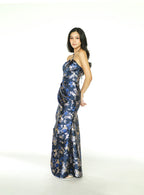 Navy Blue Formal Gown with Gold Floral Detail